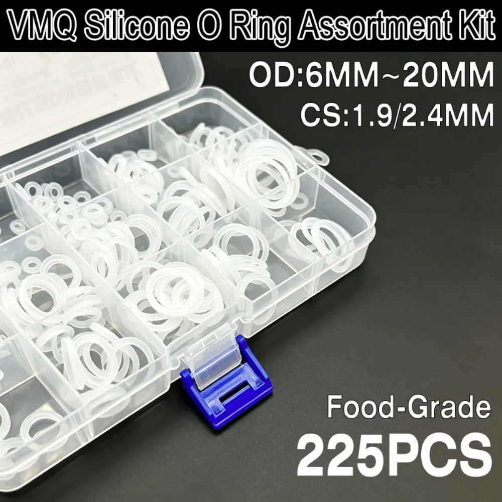 225Pcs White Food Grade VMQ Silicone O Ring Kit High Temperature Resistant Non-Toxic Safe Sealing Rings CS1.9/2.4mm OD6-20mm