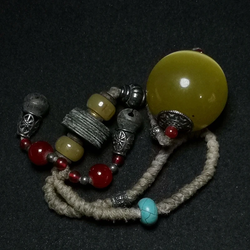 YIZHU CULTUER ART Size 23×5.8 cm Old Chinese Coloured Glaze Beads cat eye Image Coin Pendant Collection