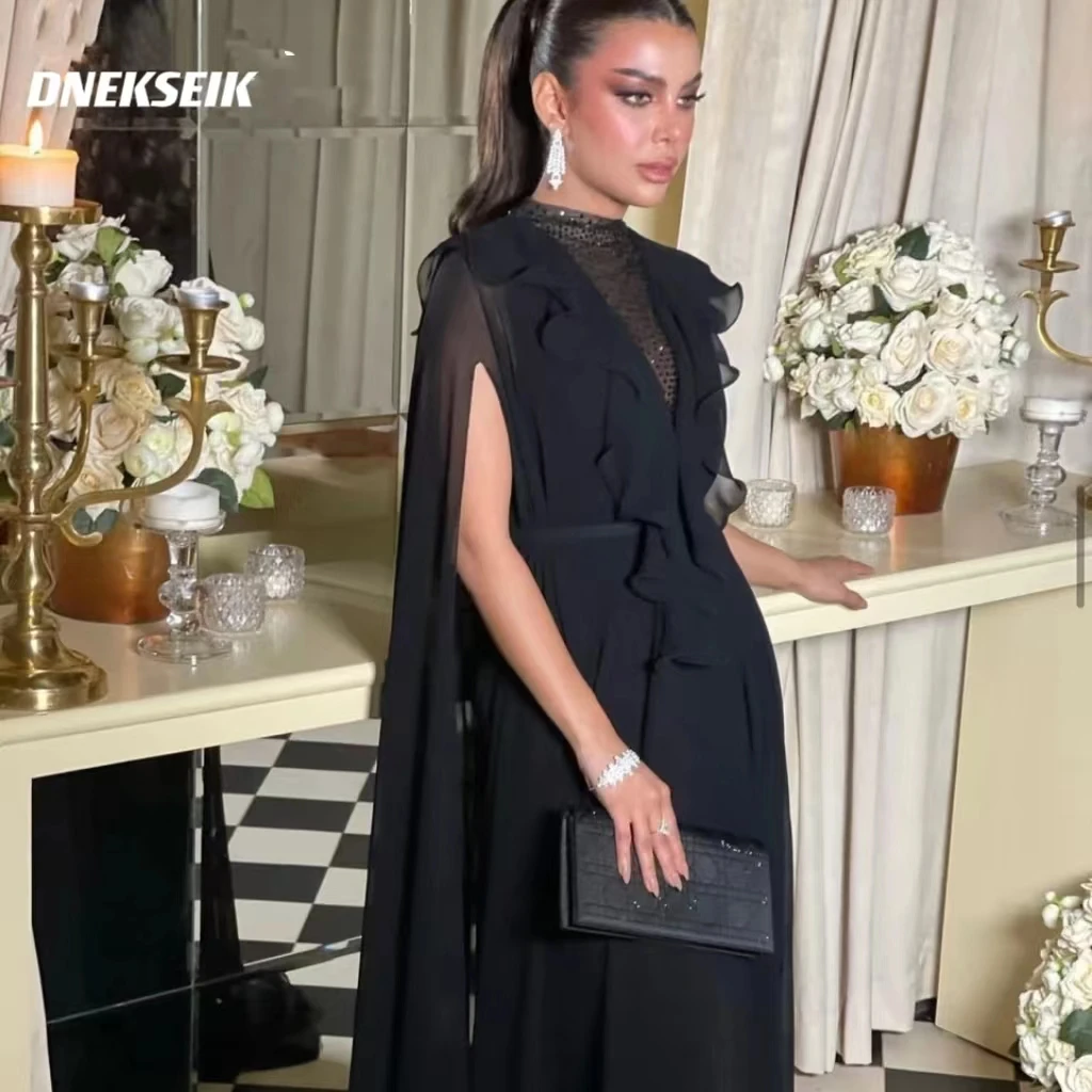 

Black A-line Silk Chiffon Cape V-neck Party Dress Floor Lenght Evening Dresses SleevelessProm Dress فستان سهرة