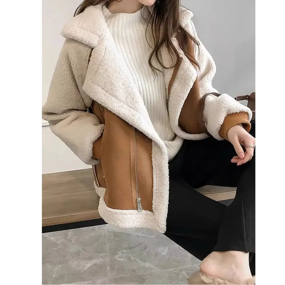 Chaleco de Piel de Cordero Grueso para Mujer, Abrigo de Invierno a la Moda, Estilo Motero, Abrigo de Fibra de Poliéster de Manga Larga y Corte Regular