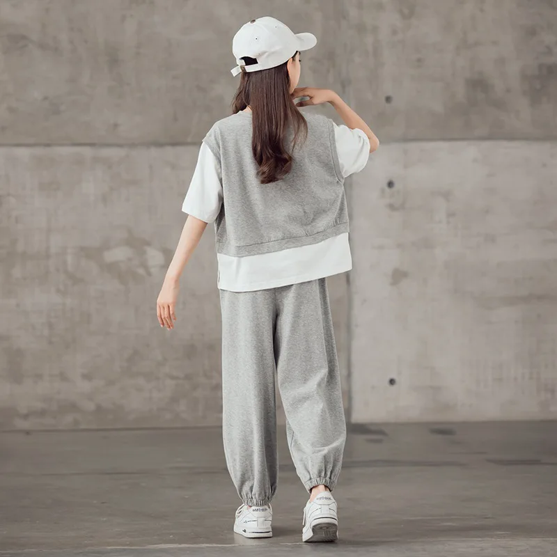Children's sports suit summer new middle-aged and older children's short-sleeved two-piece set, girls' casual pants suit tide 4