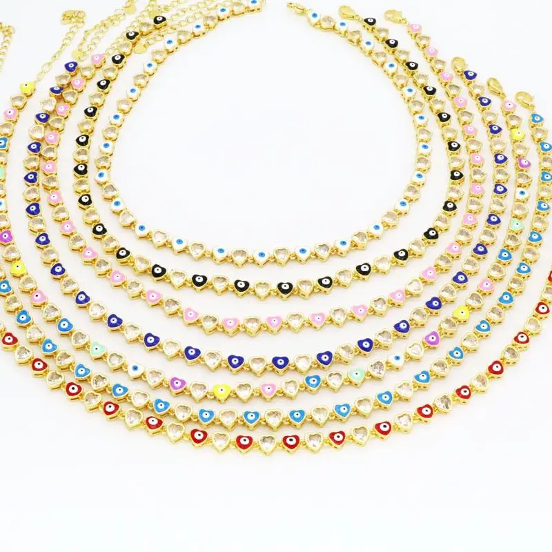 

5pcs Luxury Clear Crystal Tennis Chain Necklaces Choker Enamel Colorful Heart Evil Eye Necklaces for Women Statement Jewelry