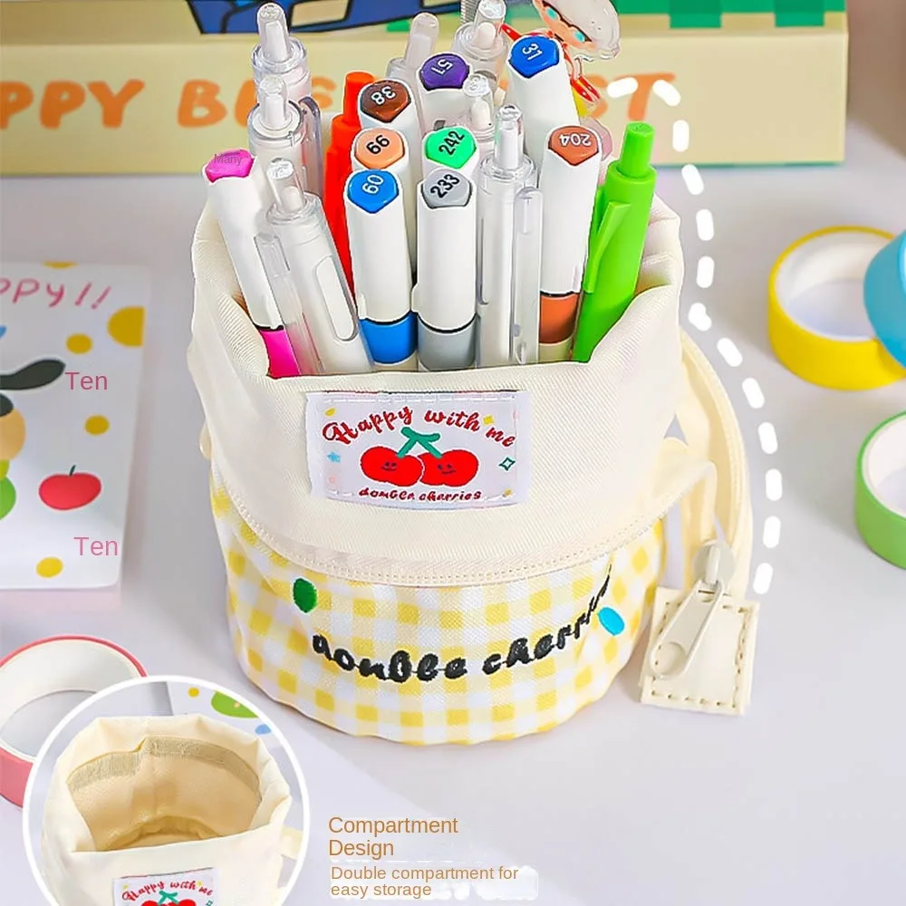 Dopamine Plaid Pen Bag Large Capacity Japanese style Pencil Bag Contrast Color Check pattern Stationery Storage Bag Student