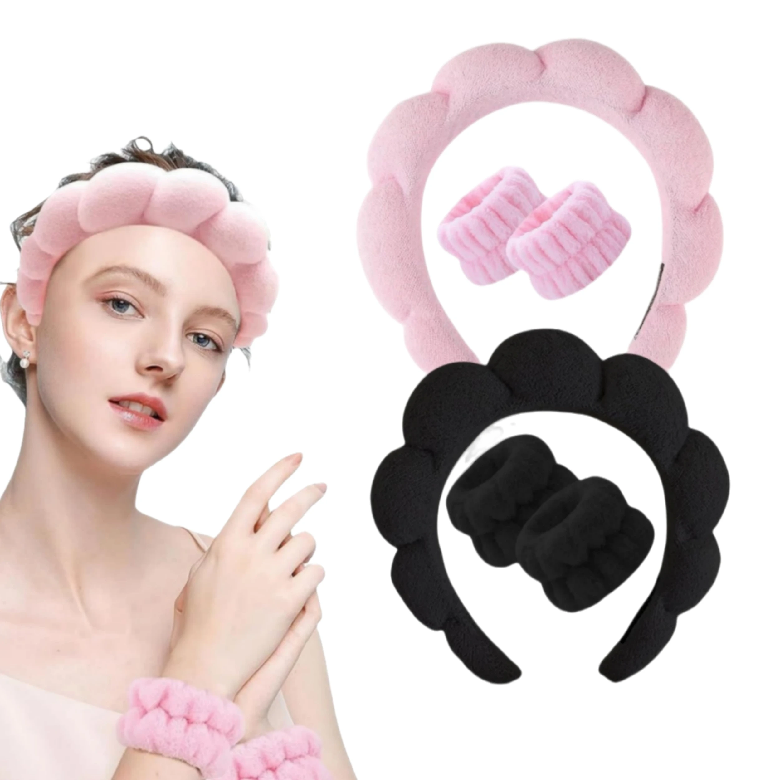 Fascia per capelli spa con 2 braccialetti, perfetta per lavare il viso, il trucco, il viso e la cura della pelle. Fascia per capelli antiscivolo per donna.