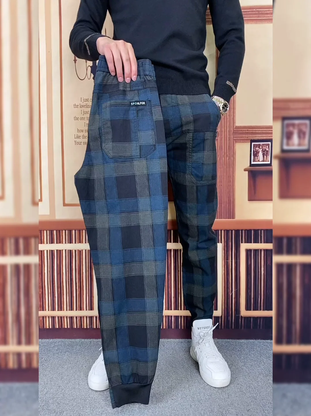 Spring New Style Men's Casual Pants Six Pockets Trendy Cuffed Dark Grid Pattern Elastic Slim Fit Pants Fashion Urban Style