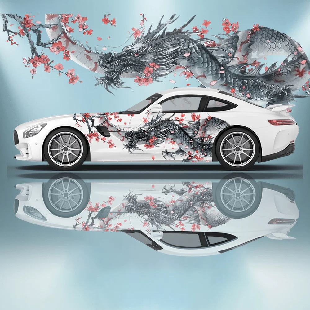 Japanse stijl draak die zich om de bloemtak kronkelde, auto-sticker, volledige bloemendecoratie, die krassen bedekt en beschermt