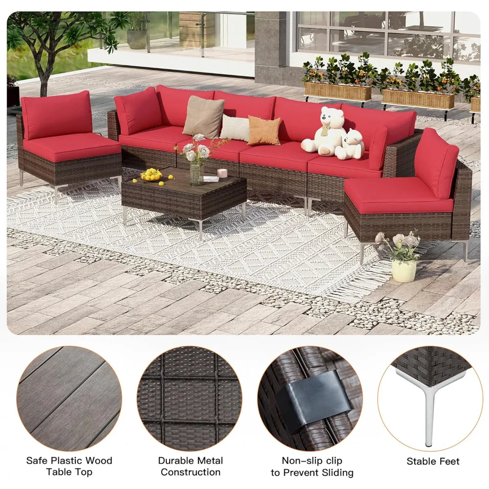 Patio Furniture Set,7 Pieces Outdoor Sectional Sofa PE Rattan Wicker Patio Conversation Set, w/Wood Plastic Composites Table