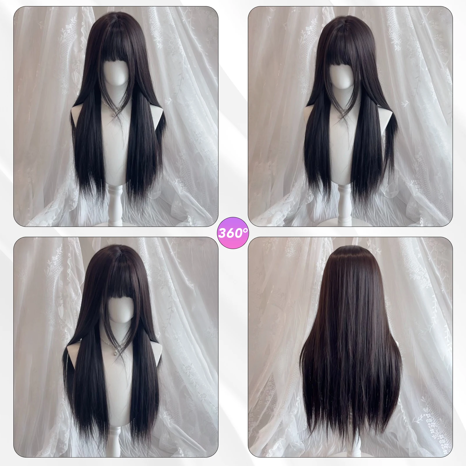 MEISU 26 Inch Straight Bangs Wig Black Tea Synthetic Fiber Layered Hair Heat-Resistant Natural Smooth Extend Hair Selfie Party