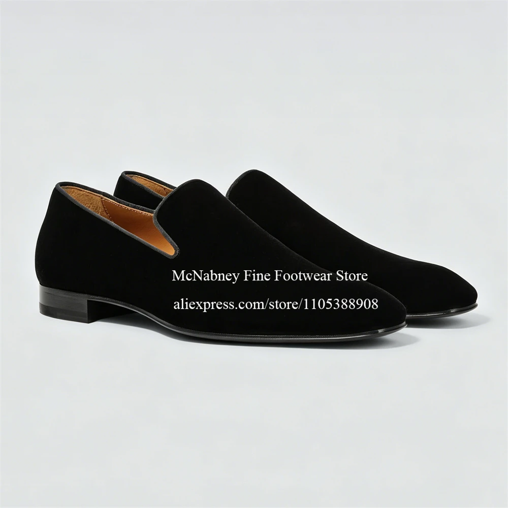 

Black Soft Velvet Suede Slip on Loafers Stitch Trim Flat Formal Men Dress Shoes Wedding Party Business Casual Shoes Plus Size