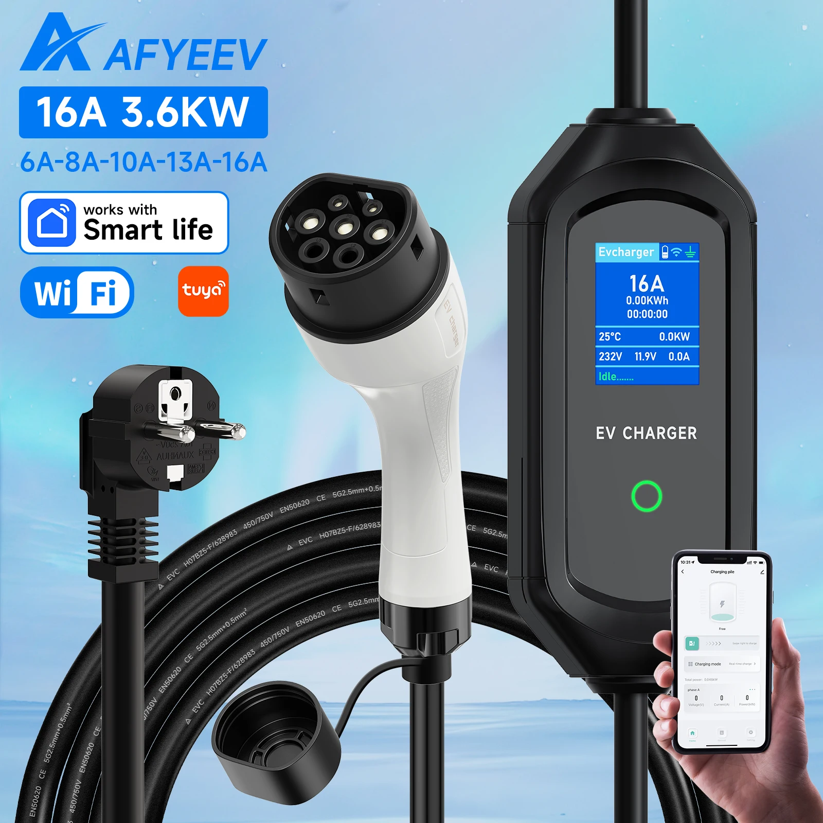 AFYEEV 3.6KW Portable Type2 IEC62196-2 EV Charger GBT EVSE Charging Cable Type1 SAE J1772 Electric Car Charger Wallbox EU Plug