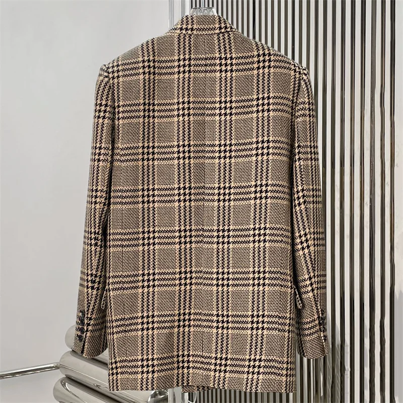 Damenjacke Neuer Winter 2025, zweireihig, schmal geschnitten, langärmelig, Oberteil aus Wollmischung, karierte Damen-Anzugjacke, Y2K-Damenmantel