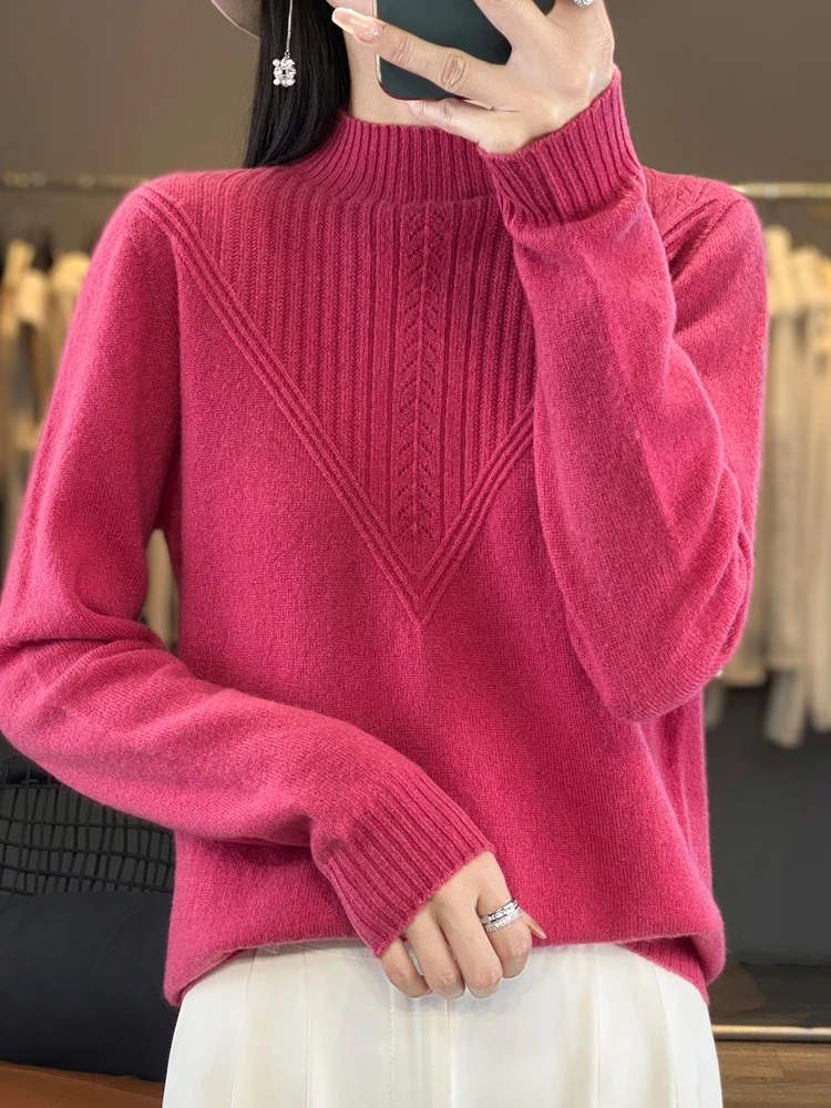 Women New Merino Wool Sweater Mock Collar Pullover Autumn Winter Cashmere Knitwear Slim  Elegant Clothing Thick Bottoming Tops