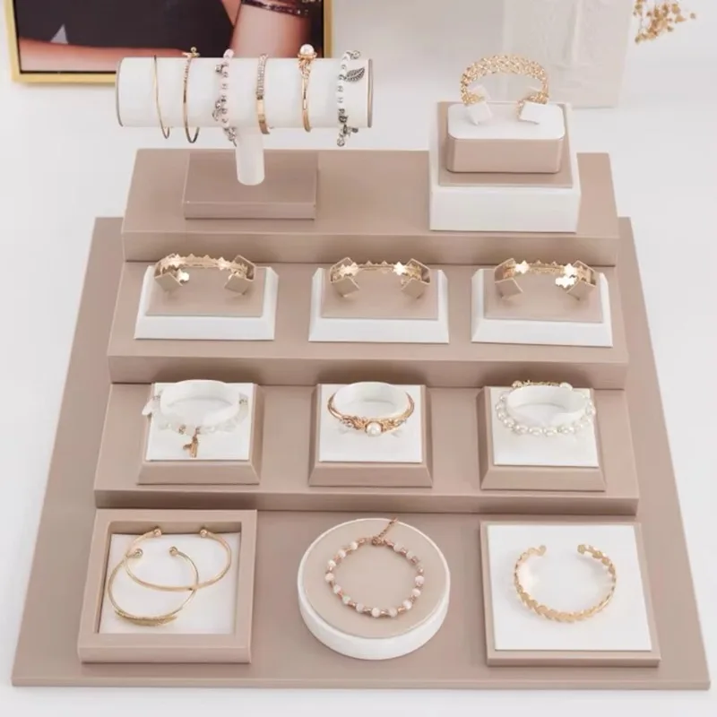 Luxury Microfiber Jewelry Display Set Champagne Pink LED Light Earring & Necklace Counter Display Props