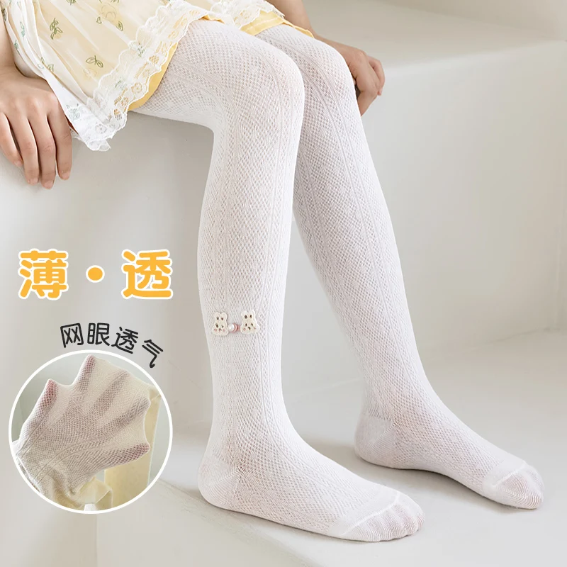 Lolita Stockings Lovely Rabbit Pearl Button Trim High Elastic Ventilated Comfortable Light Stylish Tights For Kids Summer Daily