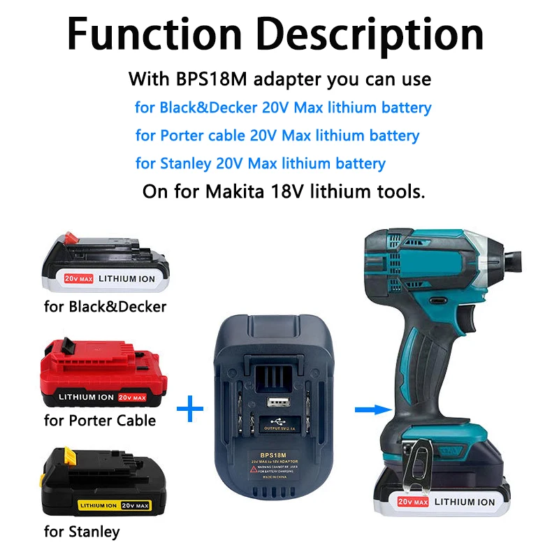 BPS18M Adapter for Black&Decker/for Porter Cable/for Stanley 18V 20V Lithium Battery Converted To for Makita 18V Li-ion Battery