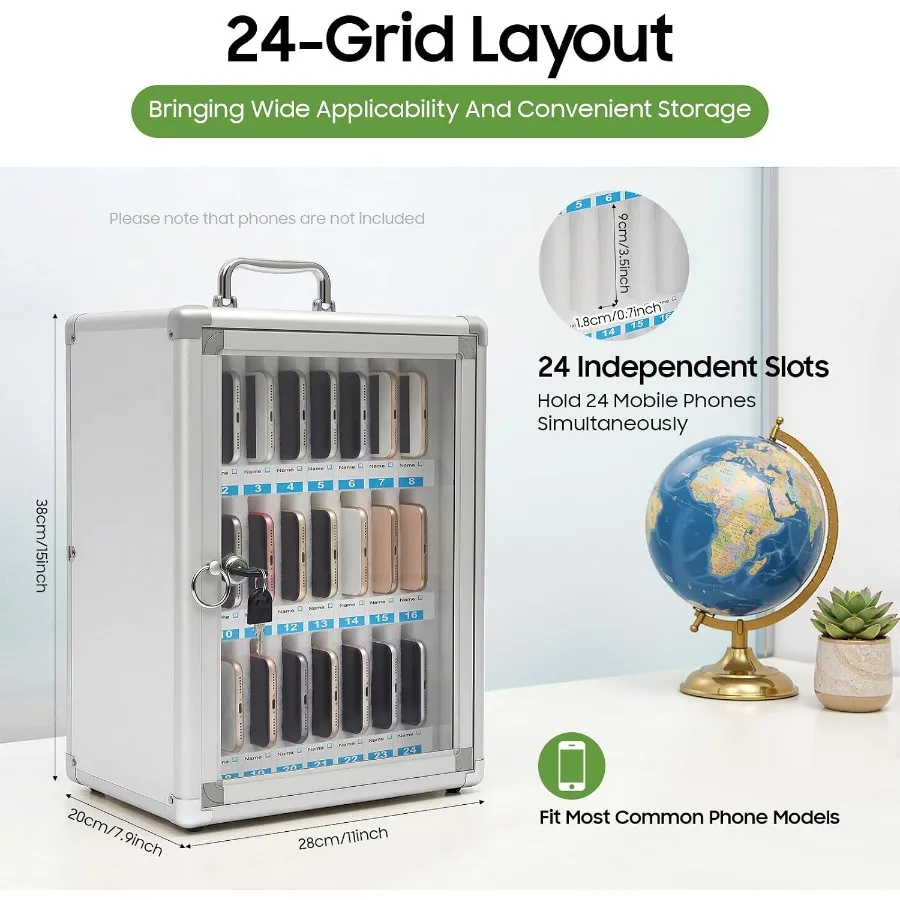 24 Slots Cell Phone Locker, Aluminum Alloy Cellphone Locker Box with Lock Cellphone Storage Cabinet Cell Phone Storage Box for