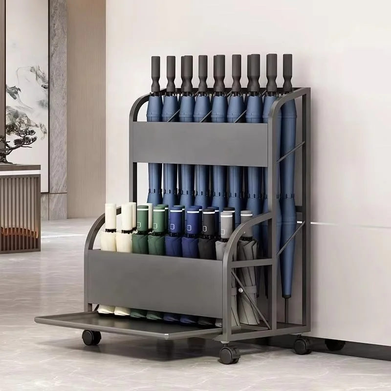 Metal Umbrella Display Stand Retail Store Storage Rack Double Hook Basket Floor Display Rack with Wheel
