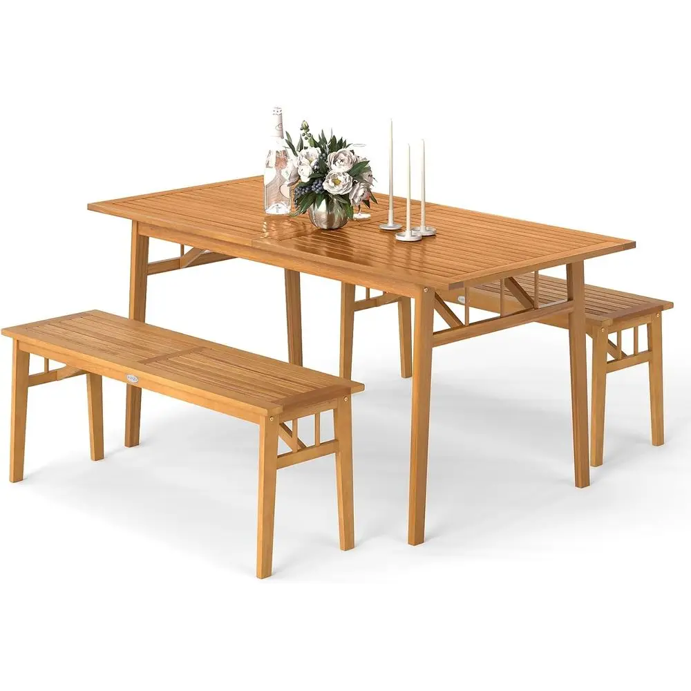 

Обеденный набор для патио, компактный уличный прямоугольный стол для пикника из дерева акации с отверстием для зонтика диаметром 1,97 дюйма и 2 скамейками, для двора, Ga