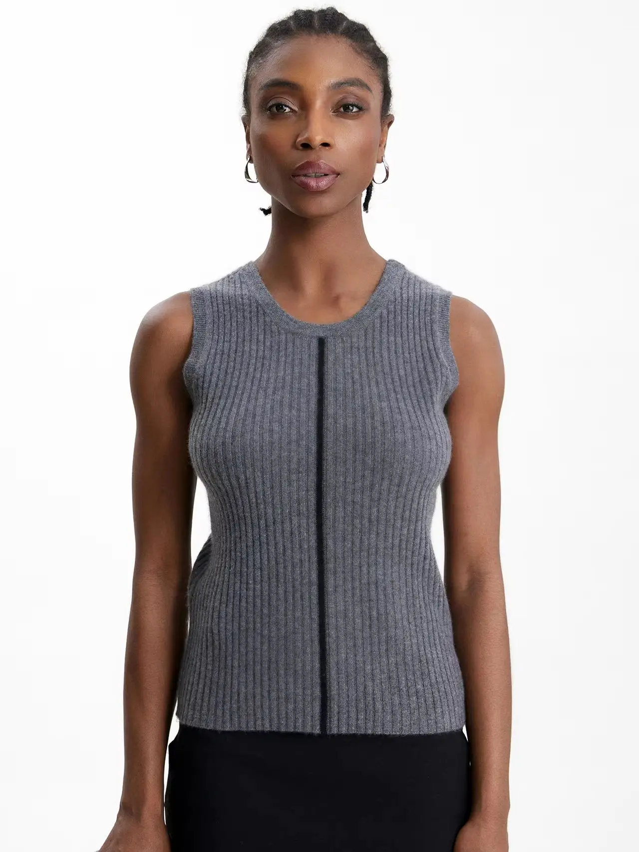 TLOML Women 100% Baby Cashmere Waistcoat O-neck Pit Stripe Color Blocking Vest Pullover Autumn Winter Cashmere Knitwear Slim Top