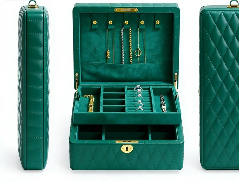 Luxury Emerald Green Quilted Leather Large Jewelry Box with Lock, Multi-Layer Organizer for Rings, Earrings, Necklaces & Watches