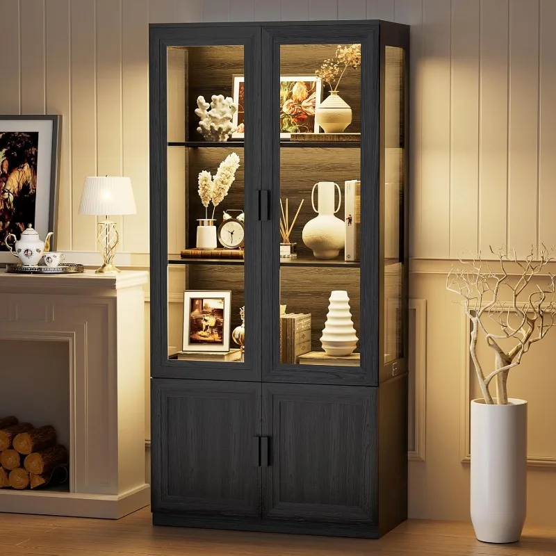 

Display Cabinet with Acrylic Doors, Curio Storage Cabinet with 3 Shelves, Bookcase with LED Lights, Human Body Sensor, Black