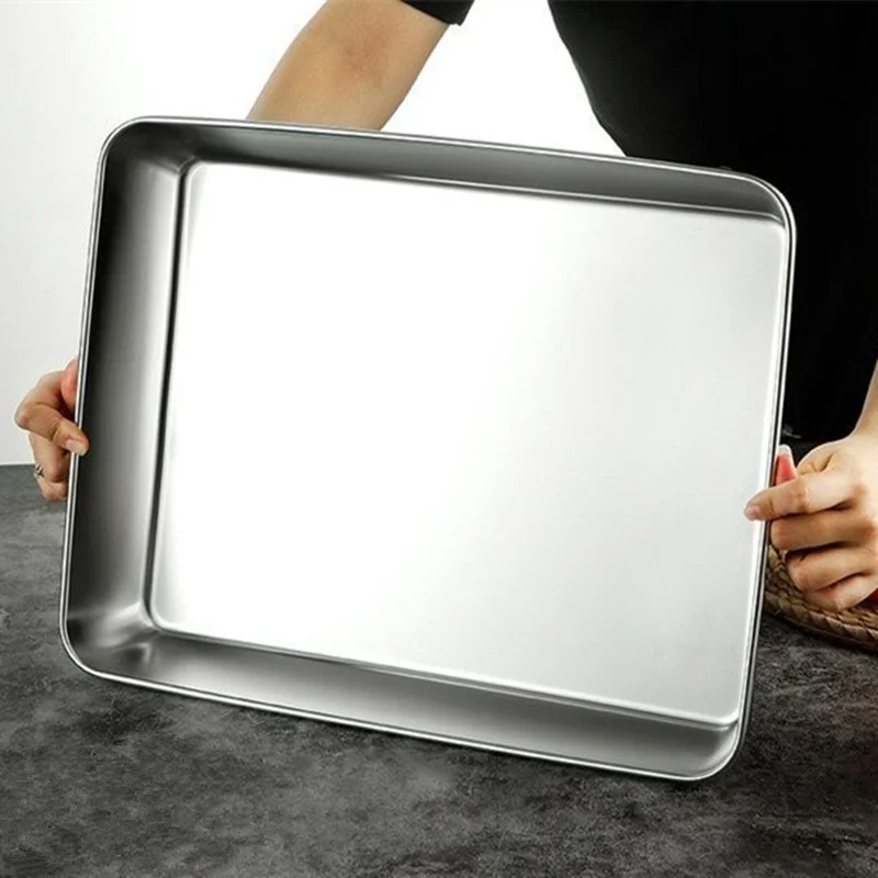 Thicken Stainless Steel Food Storage Tray Rectangular Deep Plates Fruits Bread Cakes Steamed Sausage Dishes Kitchen Cooking Tool