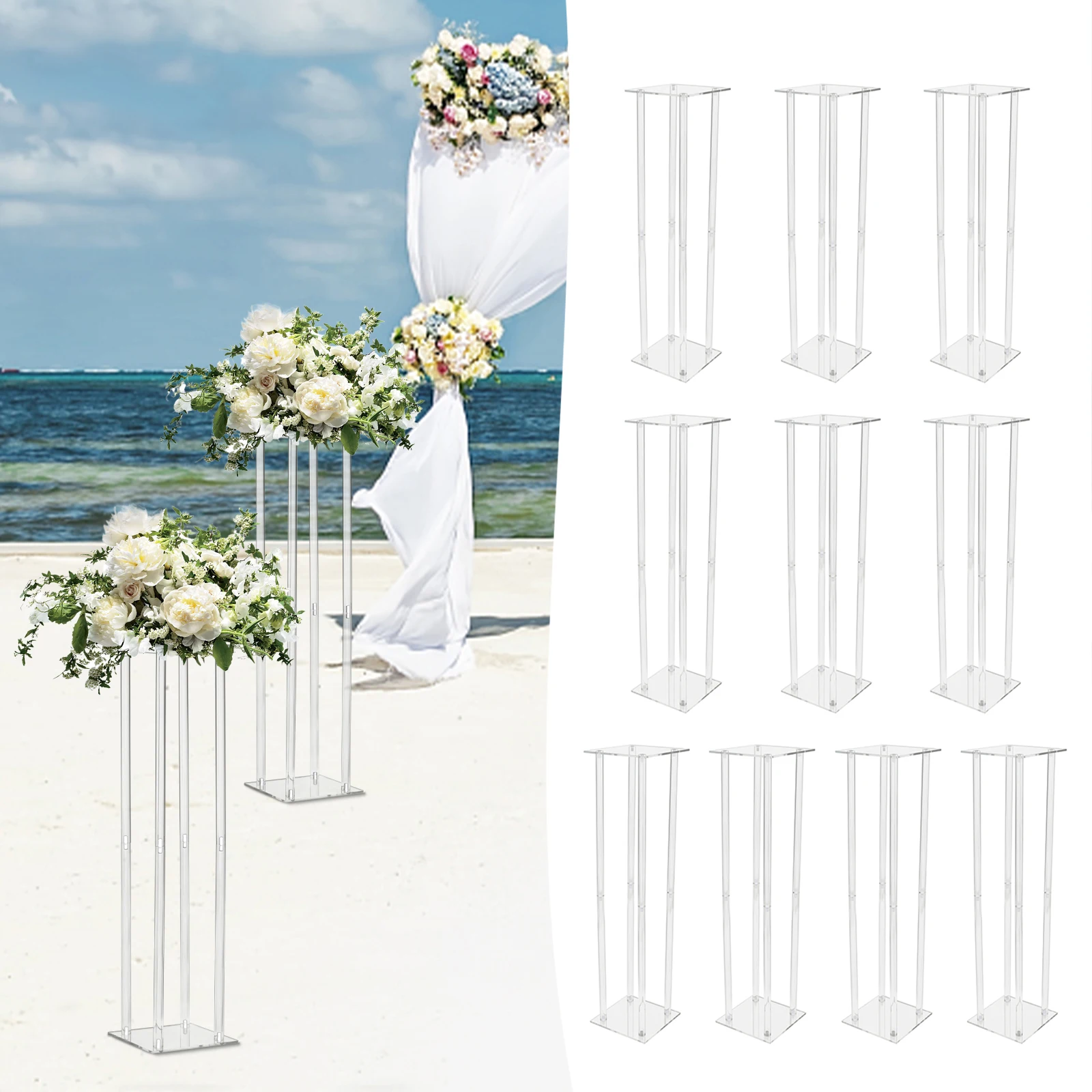 10-Pack Rectangle Acrylic Flower Vases 31.5 Inch - Clear Pedestal Stand for Wedding Party