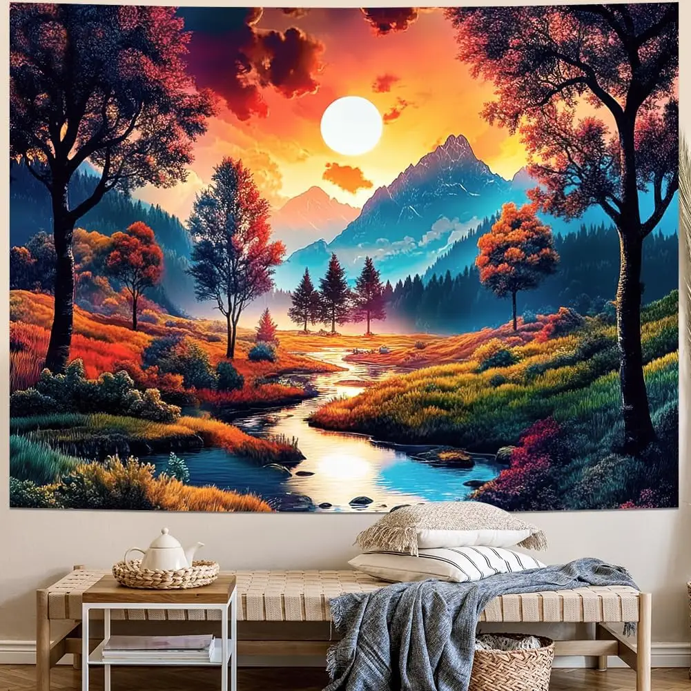 Sun Forest Mountain Tapestry Trippy Sun Tapestry Hippie Nature Landscape Tapestries Aesthetic Sunset Magic River Tapestries