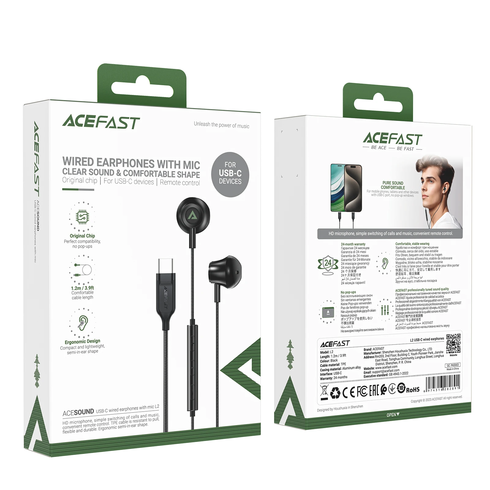 ACEFAST L2 USB-C 유선 이어폰, 마이크 포함, 아이폰 15/16 프로 맥스 인이어 음악, 클리어 사운드, USB C 포트 이어버드, 아이패드 태블릿용