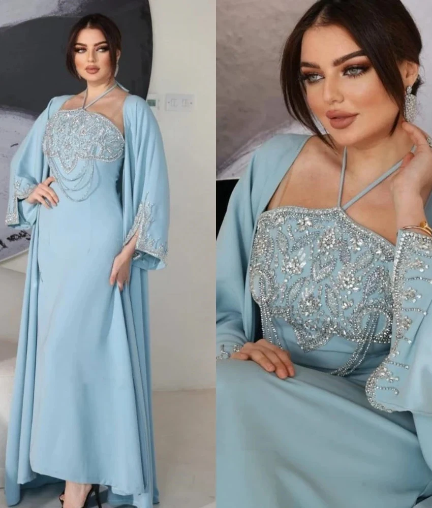 

Изящное вечернее платье из джерси с русалкой и кристаллами и бисером по индивидуальному заказу, темпераментное платье с лямкой на шее и длинными рукавами длиной до пола, платья знаменитостей