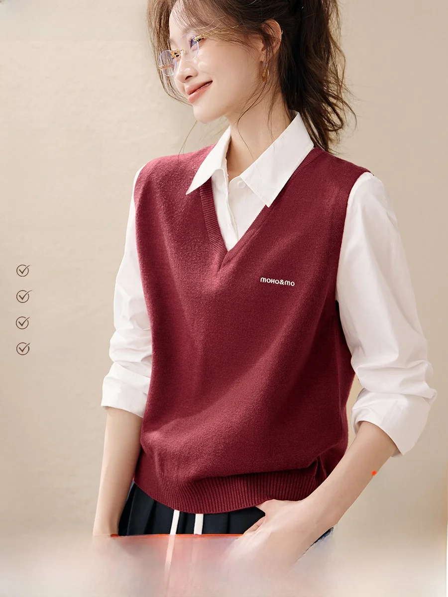 

Mo Han Mei вязаный жилет с вышивкой букв повседневный V-Ne корейский многослойный топ из мягкого полиэстера и нейлона теплая смесь