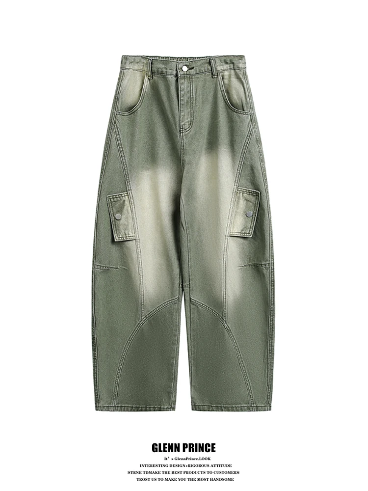 

Американские ретро-джинсы с эффектом потертости и изогнутым кроем для мужчин: свободный силуэт, уличный стиль, рабочая одежда, длинные брюки, повседневные прямые штаны