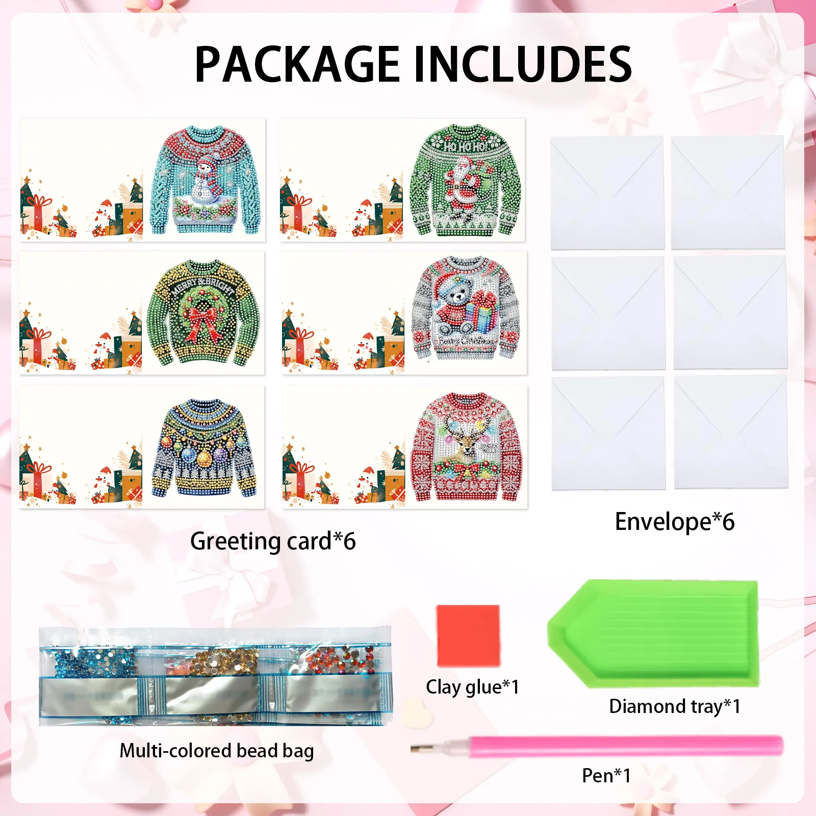 6PcsDiamond Art Painting Greeting Cards Kit,DIY Christmas sweater Handmade Festival Greeting Diamond Birthday Creative Card Gift - view 3