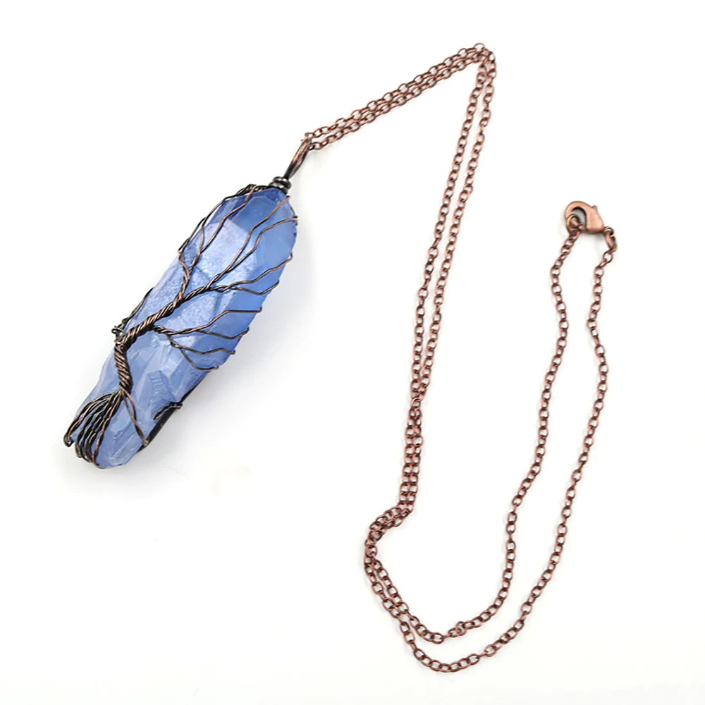 Hexagon Quartz Pendant Necklace Natural Crystal Stone Retro Life Tree With Chain Jewelry Gift for Women Men Birthday Christmas