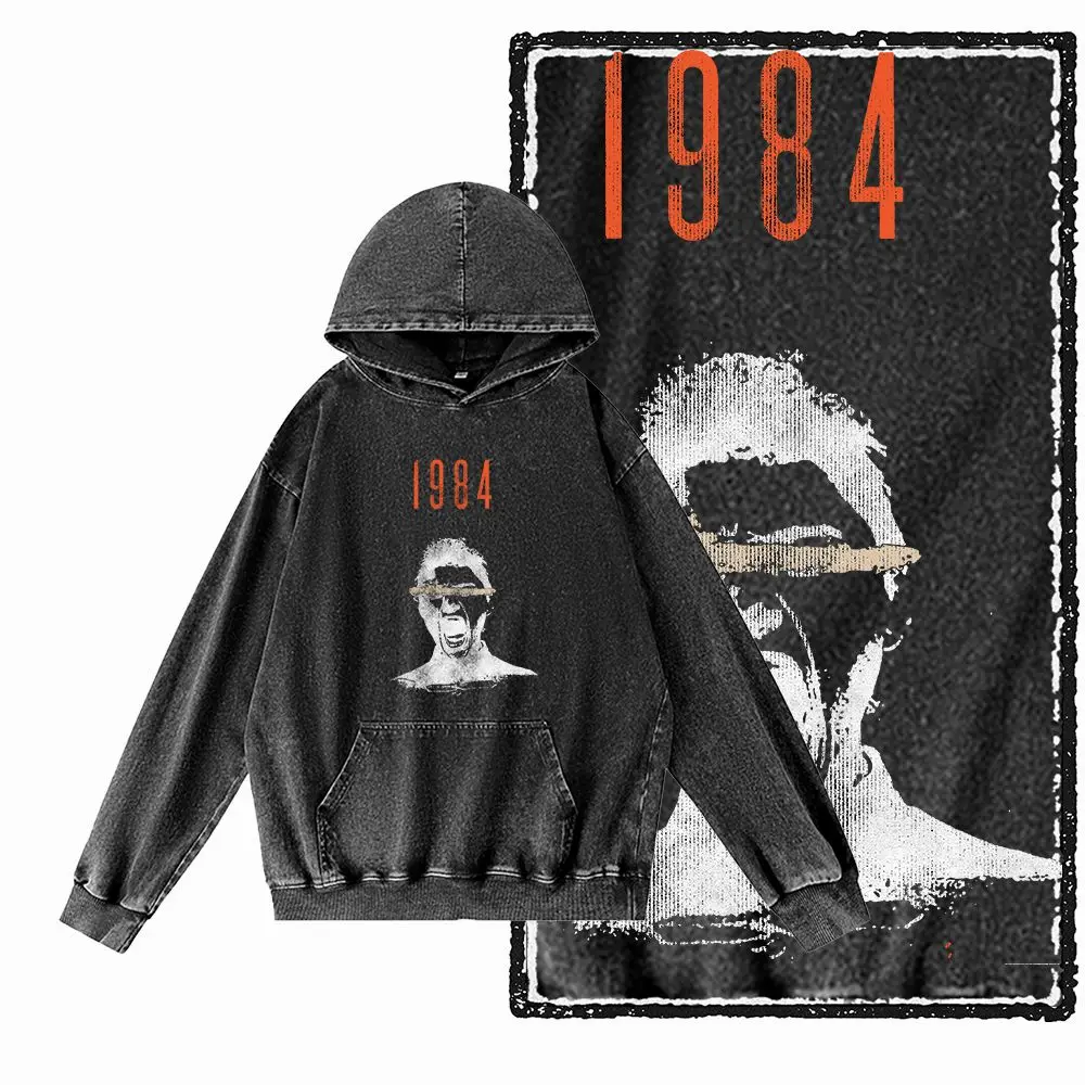 G02 حمض غسلها القطن الأسود حجم كبير 1984 جرافيك الرجال هوديس |    سترة بغطاء للرأس للرجال برقبة دائرية رائعة من Streetwear