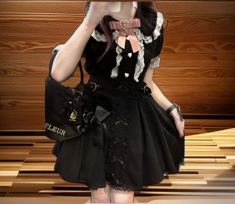 

Summer New High-waisted Lotus Leaf Edge Short Strap Skirt Sweet and Cute Girls Versatile Bow Lace A-line Suspender Skirts