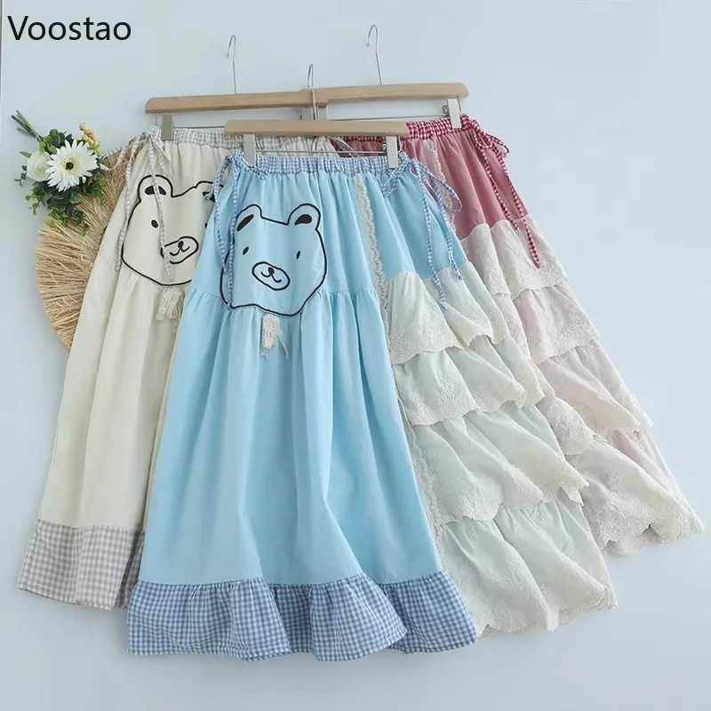 

Mori Girl Style Sweet Lolita Skirt Women Cute Cartoon Bear Print Ruffle Patchwork Party Skirts Autumn Female Princess Cake Skirt