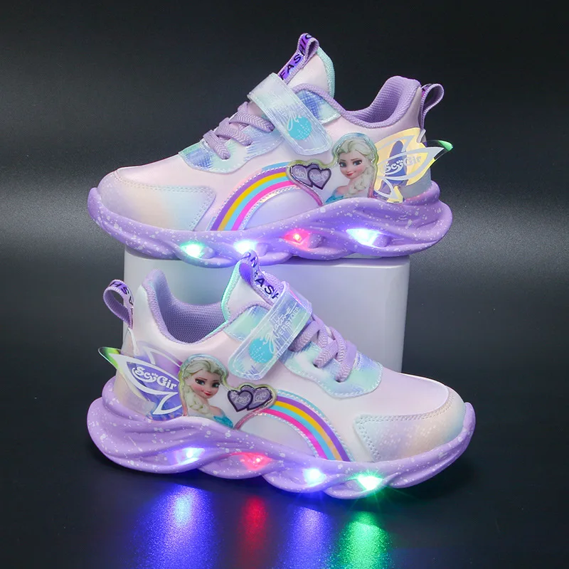 Cartoon Girls Frozen 2 Casual Shoes LED Light Up Sneakers Disney Elsa Princess Baby Running Sports Shoes