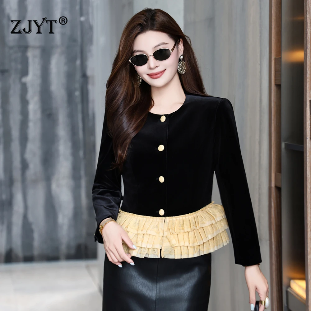 

ZJYT модные женские велюровые куртки и пальто осень-зима дизайнерские длинные рукава с оборками в стиле пэчворк черная верхняя одежда Femme Veste