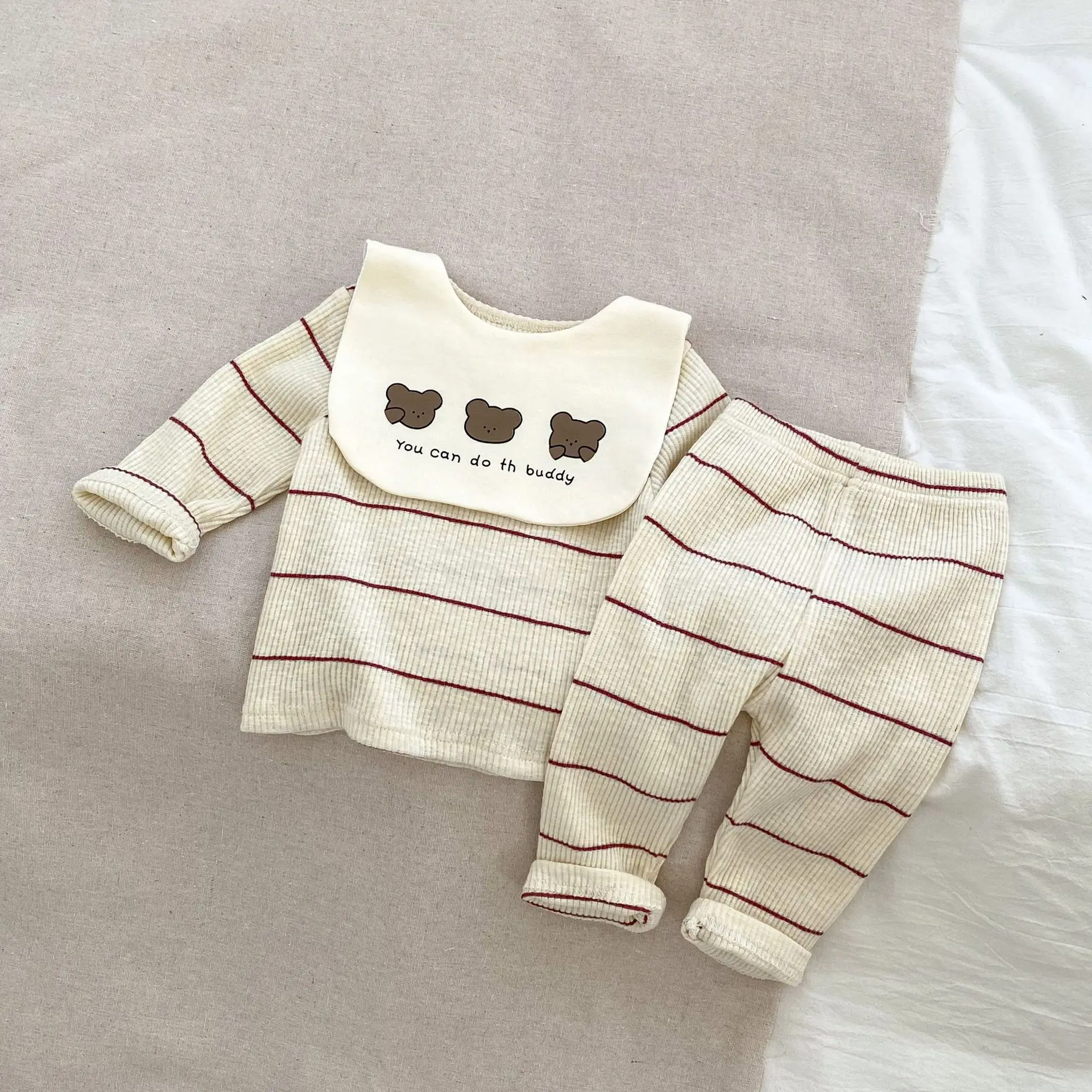 Baby Clothing Set 2024 Autumn New Striped Boy's Pajamas Suit Top+Pant+ Detachable Bear Saliva Towel Three Piece Suit 66-100