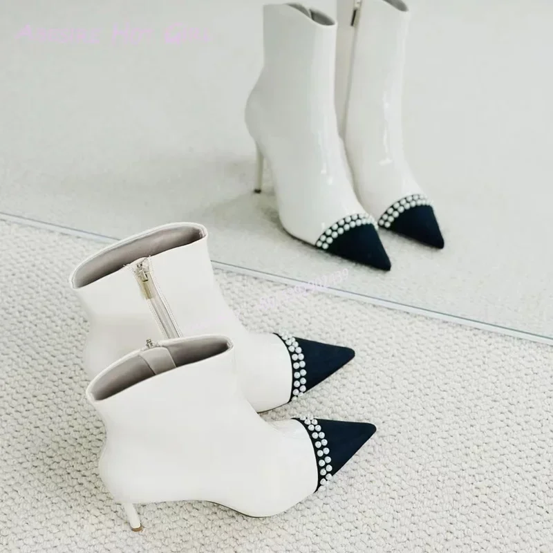 Black Patent Leather Pearl Shell Stiletto Boots Women Elegant Side Zipper British Style White Pointed Shoes Versatile Elegant