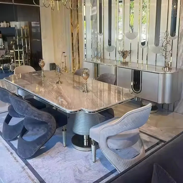 Furnistyle Luxury 10 Seater Contemporary Design Rectangular Dining Table and Chair Set with Stainless Steel Legs Home Furniture