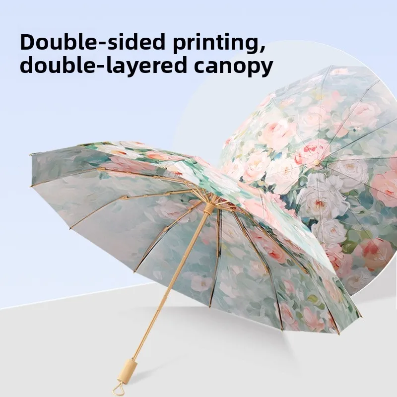 

Двухслойный зонт от солнца и дождя с двойным цветком, 2-костный солнцезащитный крем от солнца, деревянная ручка, цифровая печать, черный клей, непромокаемый зонт...