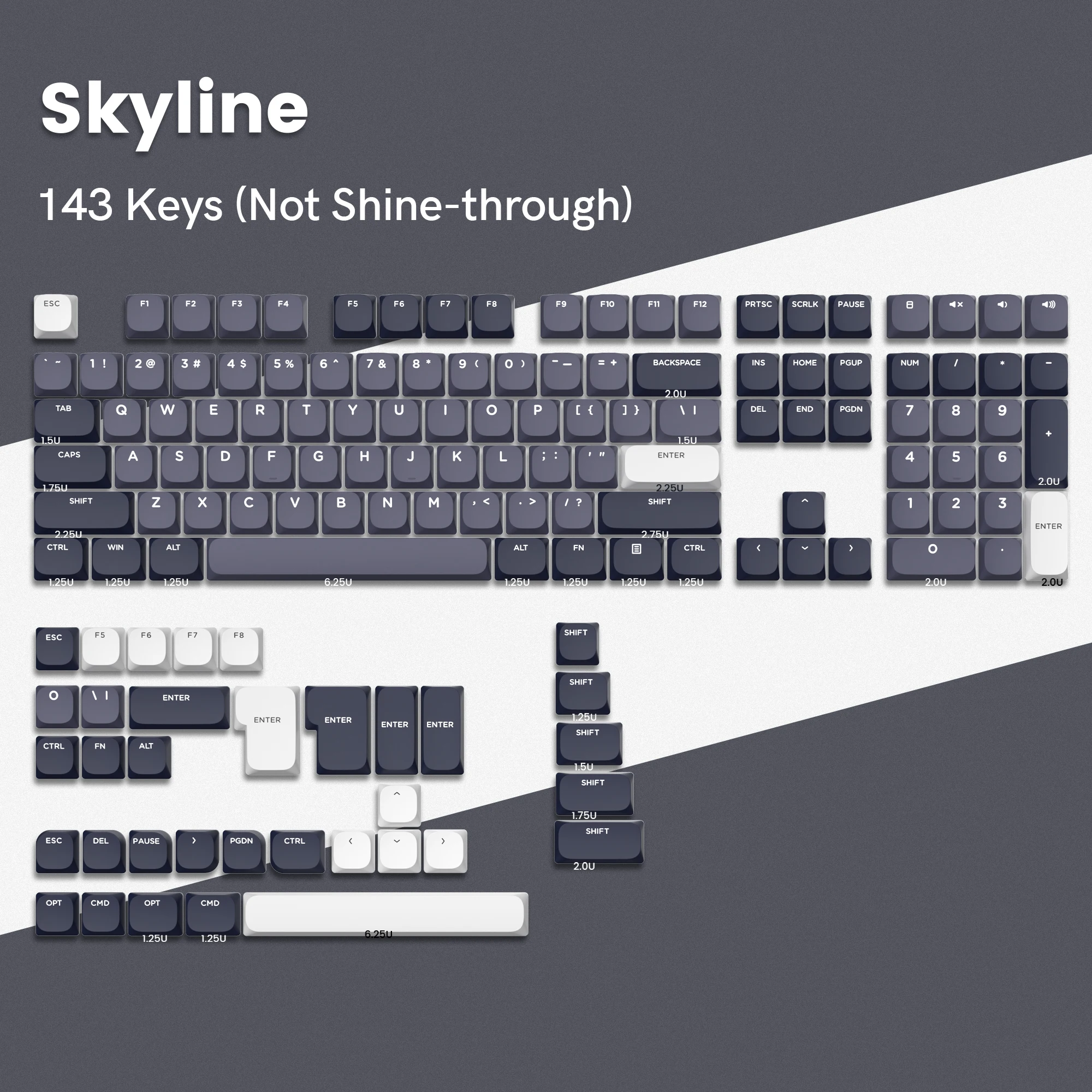 

Набор из 143 низкопрофильных черно-серых PBT-кейкапов Horizon для механических клавиатур Gateron MX Gamer с раскладкой US и UK.