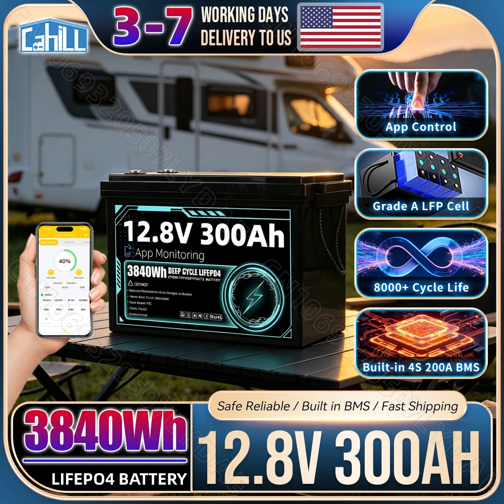 US Stock 12V 300Ah Grade A LiFePO4 Battery Pack APP Control Built-in 4S 200A Smart BMS 12.8V 8000+ Deep Cycle Rechargeable Lithium Iron Phosphate Battery DIY 24V 48V For RV Solar Home Energy Storage Camping Golf Cart