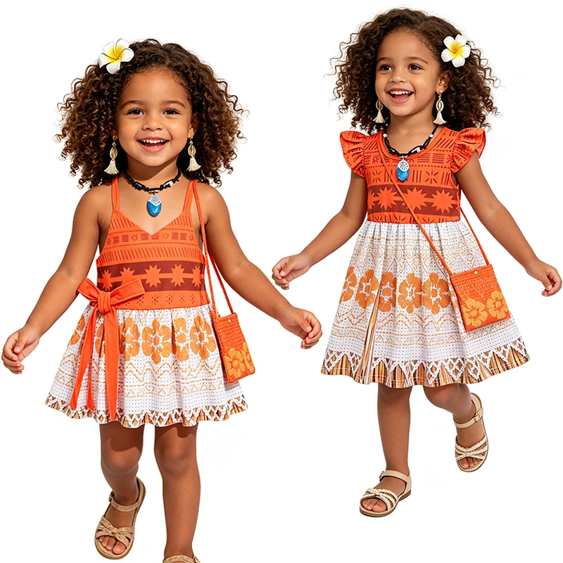 Boho Style Princess Moana Toddler Girls Dress Halloween Cosplay Party Children Costume Summer Vacation Fancy Casual Kids Clothes