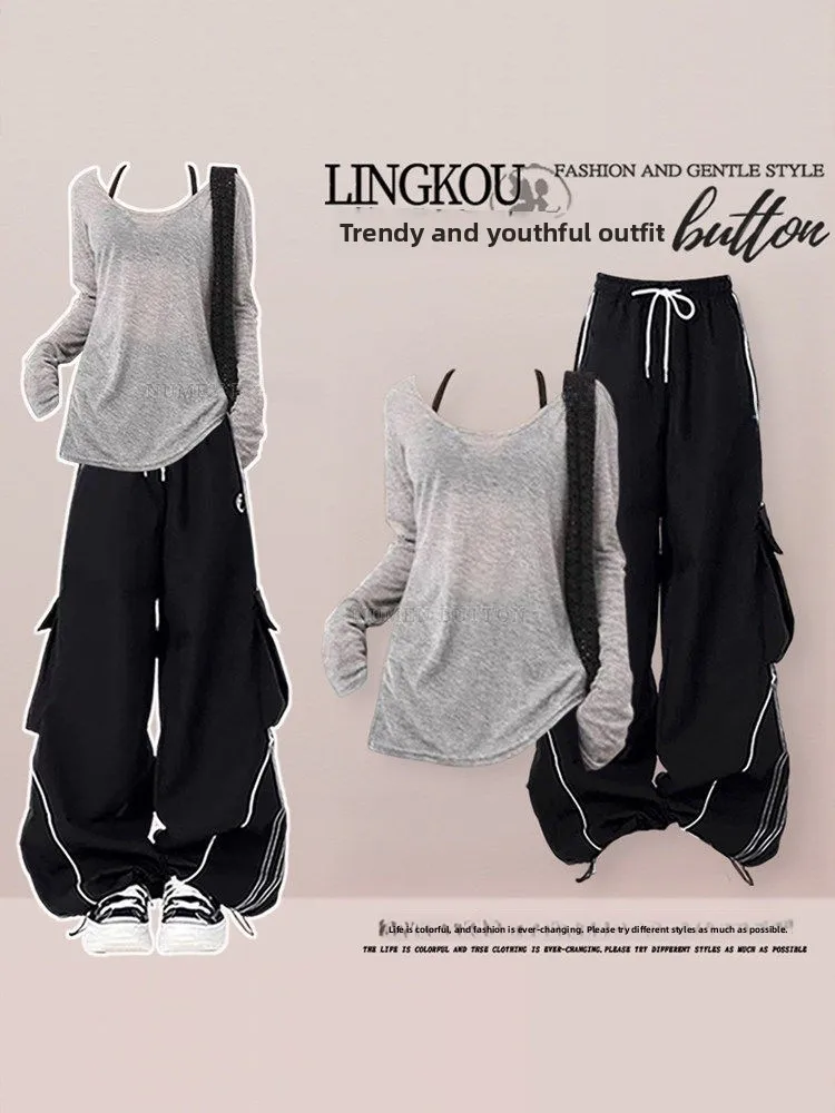 

plus Size Spring Summer Casual Set Women's Sexy Thin Sun Protection Cover up Strap Top Slim Wide Leg Workwear Pants Three Pie...