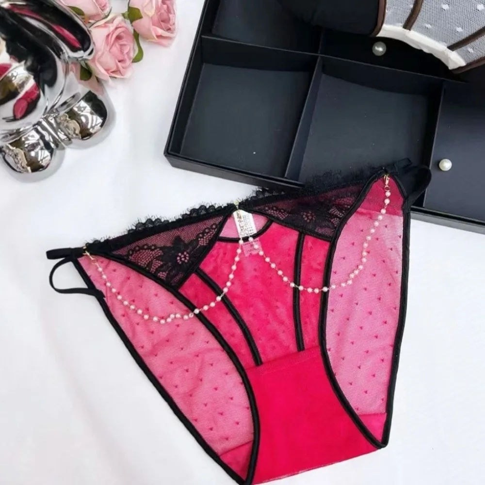 

Comfortable French Style Lace Panties Low Waist Thin Imitation Pearl Chains Briefs Mesh Transparent Underwear for Women Lady
