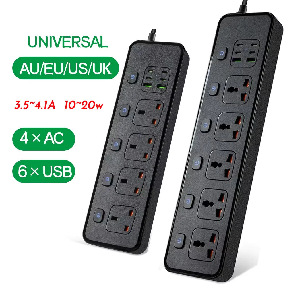 Power Strip Electric Socket Universal UK AU EU US USB TypeC PD 2500W Overload Protection Extension Cable 1.2m Electrical Sockets