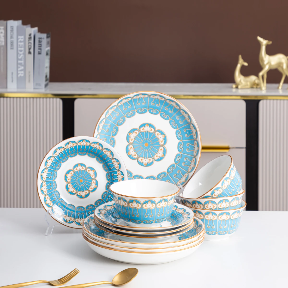 12 Pieces Porcelain Dinnerware Set Full Set Blue Ceramics Tableware with Bowl & Soup Plate & Fruit Plate Christmas Gift